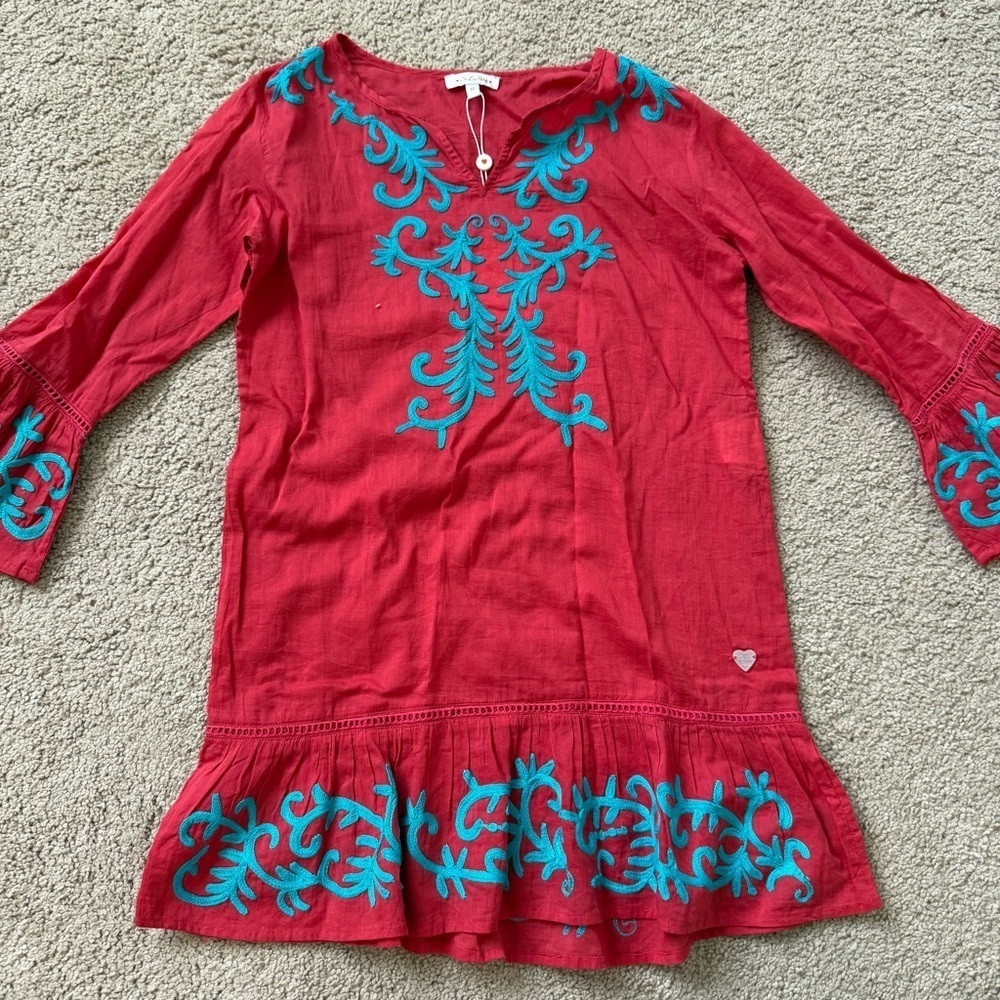 NWT Le Lis Petit Red Dress with Blue Embroidery 10